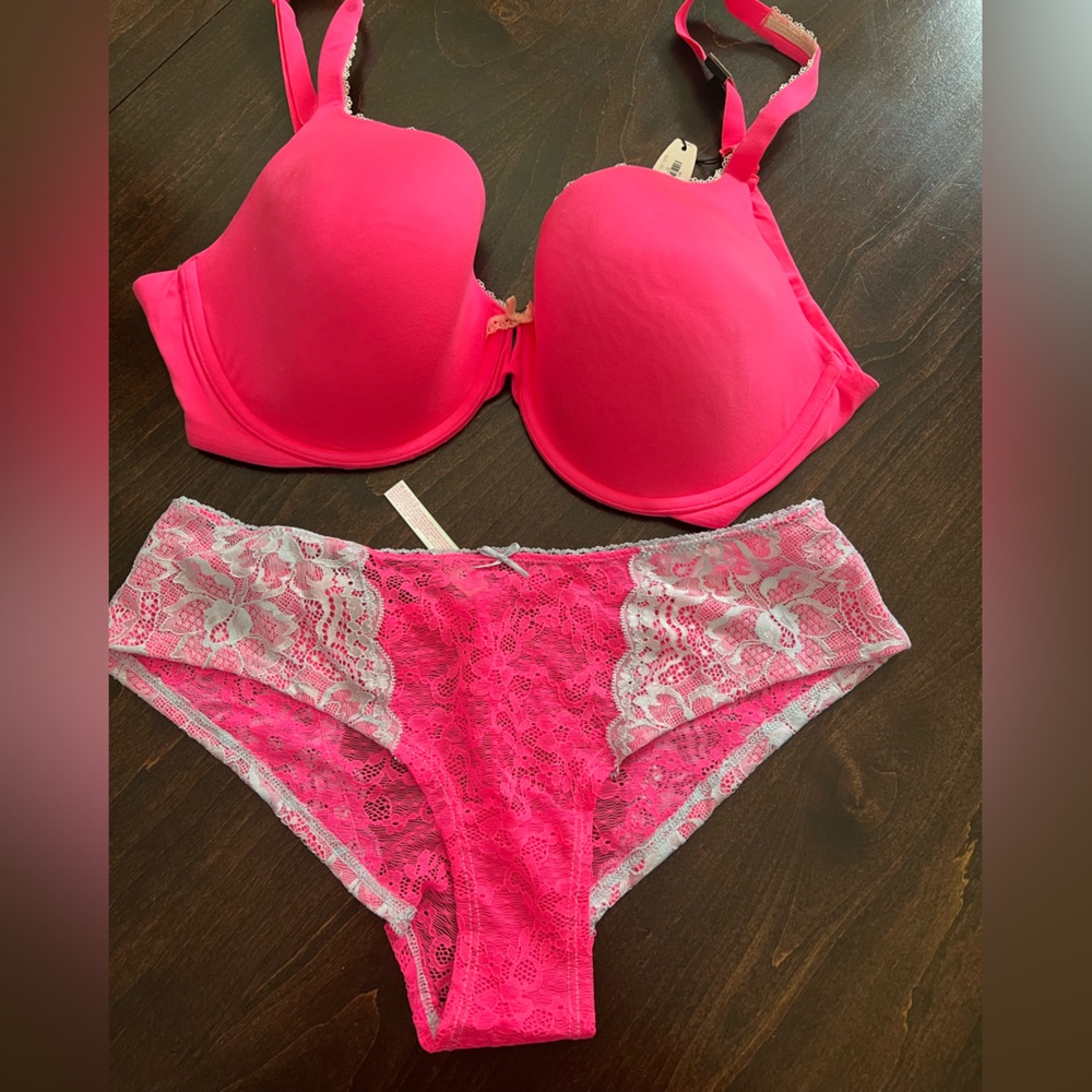 Pink and white underwear and bra, Victoria’s Secret